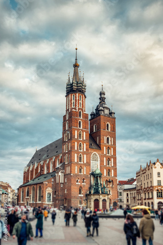 Basilica of St. Mary and Market Square in Krakow, Poland