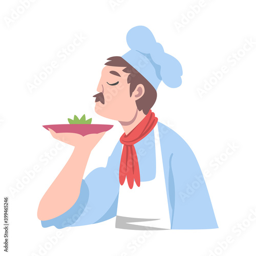 Chef Smelling Delicious Dish, Cook Character in Hat and Apron Cooking in the Kitchen Cartoon Style Vector Illustration