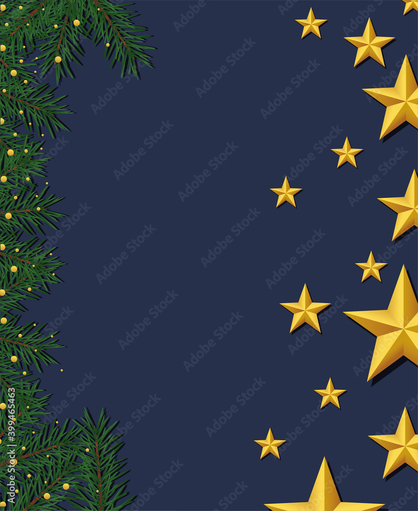 happy merry christmas frame with leafs and golden stars happy merry christmas frame with leafs and golden stars