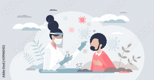 Corona virus test from patient nose and mouth with swab tiny person concept