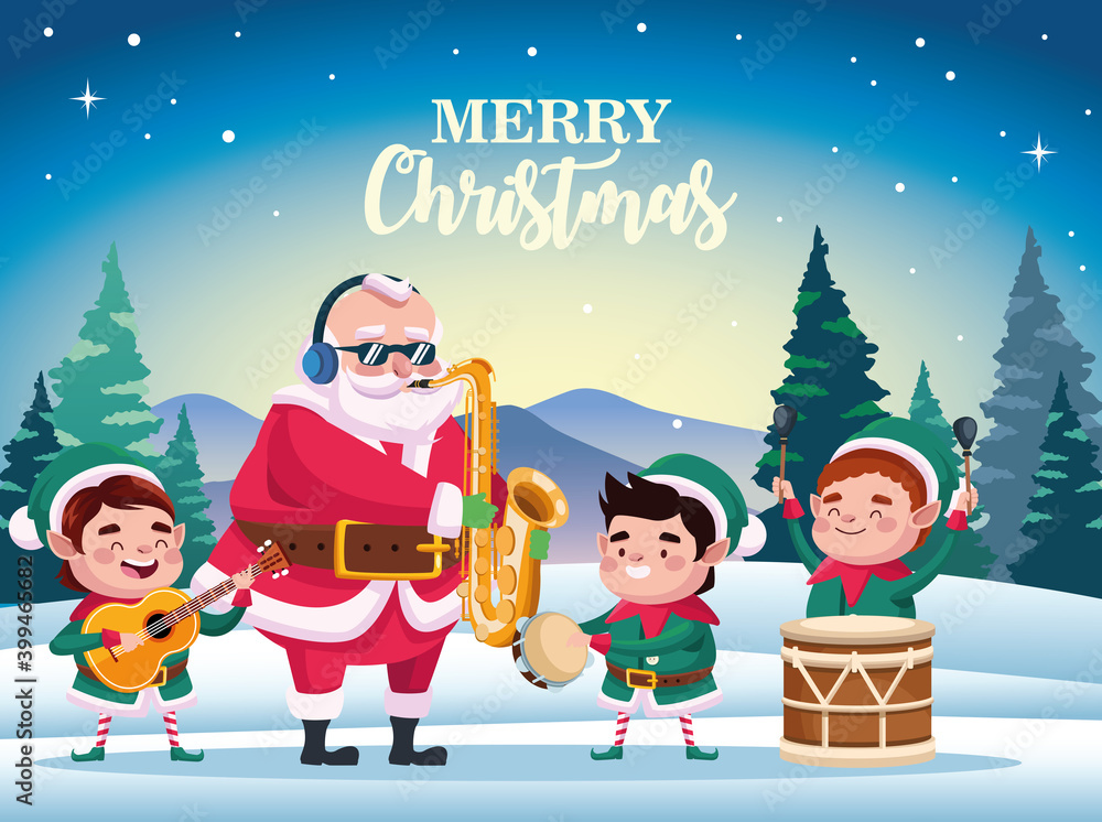 Naklejka premium cute santa claus and helpers playing instruments scene
