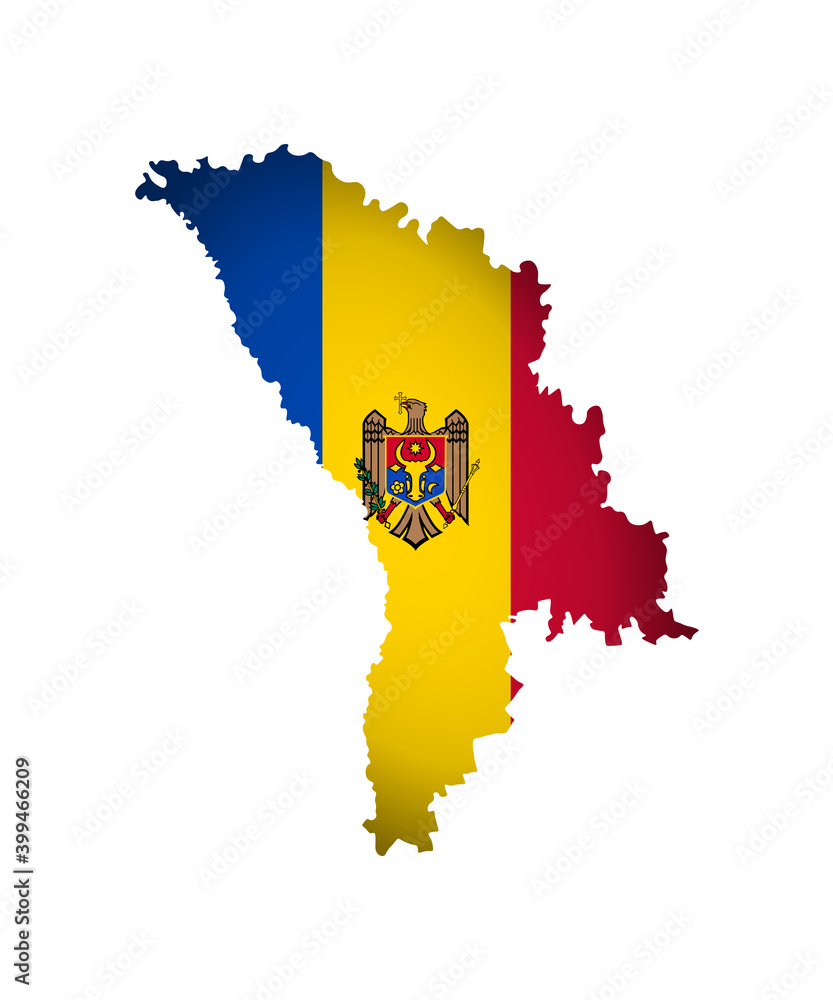 Obraz premium Vector isolated illustration with Republic of Moldova national flag with shape of simplified map. Volume shadow on the map. Tricolour with eagle holding shield. White background
