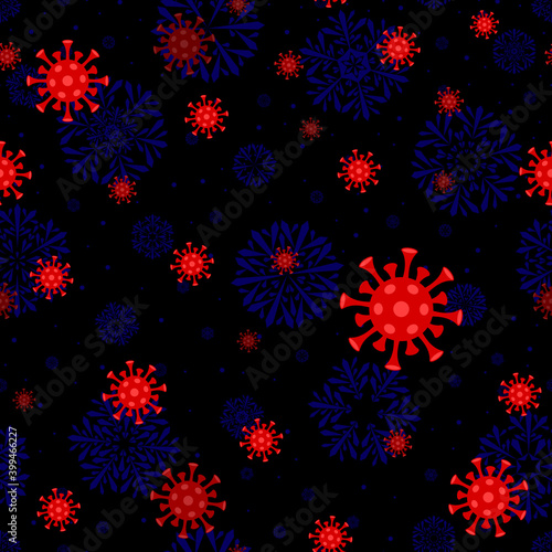 winter repetitive background with red viruses and blue snowflakes. vector seamless pattern. COVID-19 coronavirus pandemic. lockdown concept. continuous print. design element for warning, social media