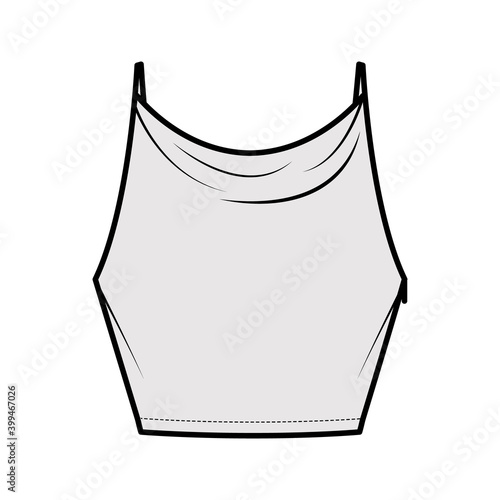 Tank high cowl Crop Camisole technical fashion illustration with thin adjustable straps, slim fit, waist length. Flat outwear top template front, grey color. Women men unisex CAD mockup