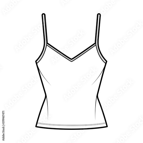 Camisole V-neck cotton-jersey top technical fashion illustration with thin adjustable straps, slim fit, tunic length. Flat outwear tank template front, white color. Women men unisex CAD mockup