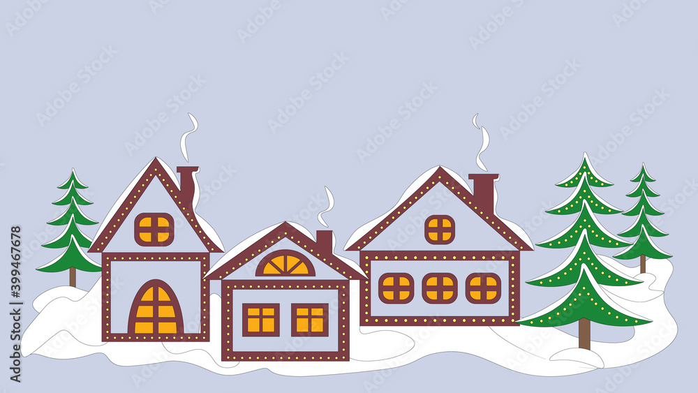 Christmas fairy village,  houses and spruce decorated with glowing garlands, flat design,  Christmas greeting card with copy space, vector illustration. 