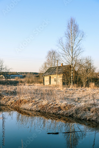 pond, house, village, rural, country, countryside, background, nature, outdoor, outside, environment, wooden, spring, autumn, fall, sunny, day, sky, tree, grass, dry, blue, farm, landscape, water, bea