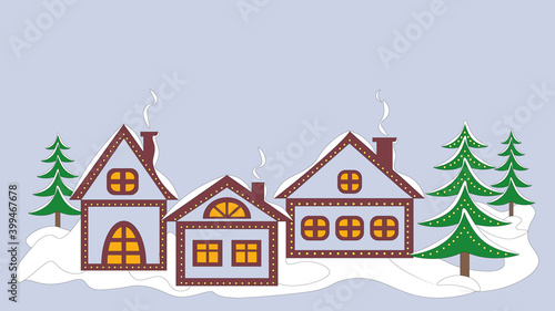 Christmas fairy village   houses and spruce decorated with glowing garlands  flat design   Christmas greeting card with copy space  vector illustration. 