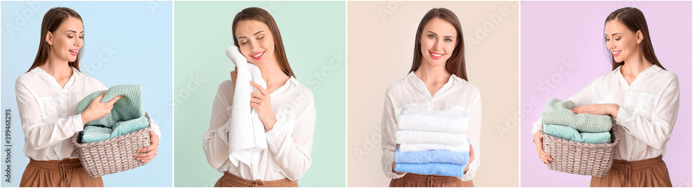 Young woman with clean laundry on grey background Young woman with clean laundry on grey background