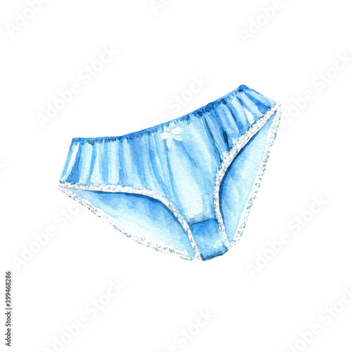 Watercolor hand drawn blue panties. Female lingery, clothes, clip art, element. Can be used in women`s fashion magazine. Raster stock illustration isolated on white background.