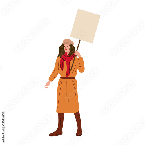 Protester woman holding empty banner. Activist protesting, political meeting, strike human female rights. Vector illustration