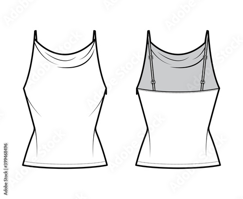 Tank high cowl top technical fashion illustration with thin adjustable straps, slim fit, elongated hem. Flat apparel outwear top template front, back, white color. Women men unisex CAD mockup