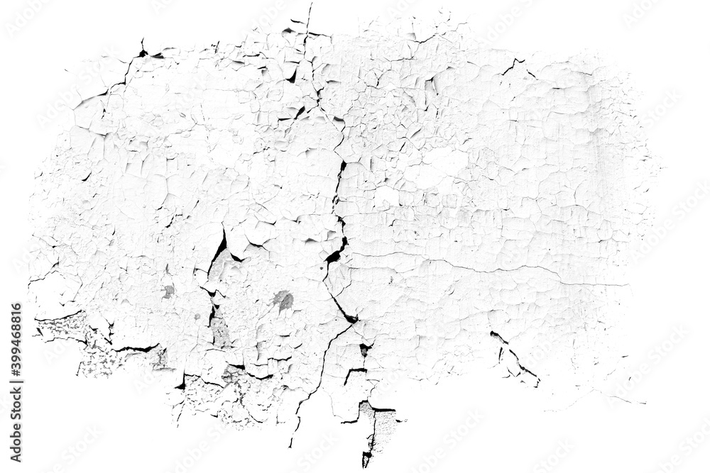 Grunge weathered shabby peeled painted concrete surface wall with holes and cracks macro for making brush isolated on white background