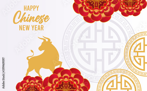 happy chinese new year lettering card with golden ox in frame