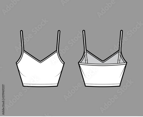 Crop Camisole V-neck cotton-jersey top technical fashion illustration with thin adjustable straps, slim fit. Flat outwear tank template front, back, white color. Women men unisex CAD mockup