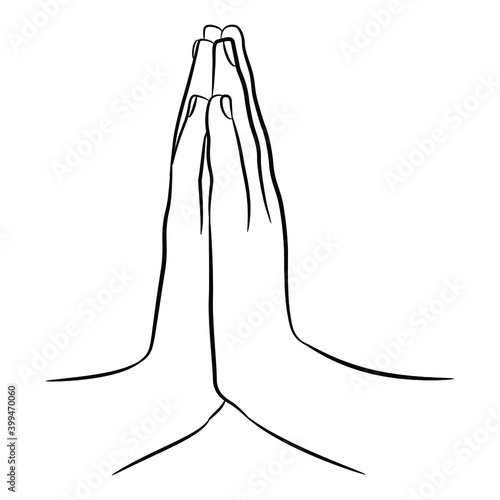 Two human hand folded in pray. Palms pressed together. Namaste gesture. Black and white linear silhouette.