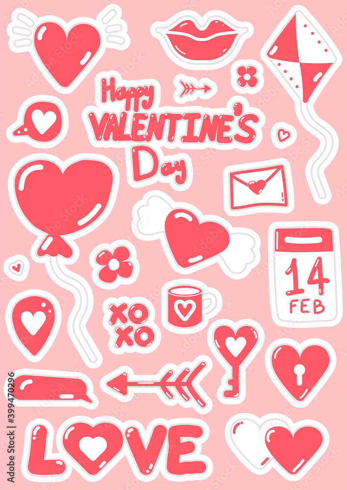 Happy valentine's day. Couple love stickers set of hand drawn pink and white elements