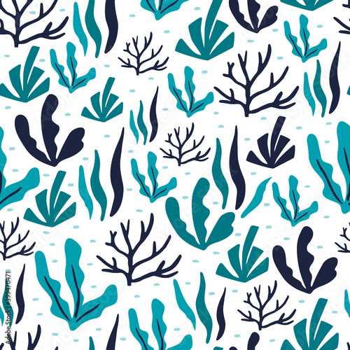 Seamless pattern with underwater plants for the surface design. Simple blue seaweed on white background. Vector flat endless illustration