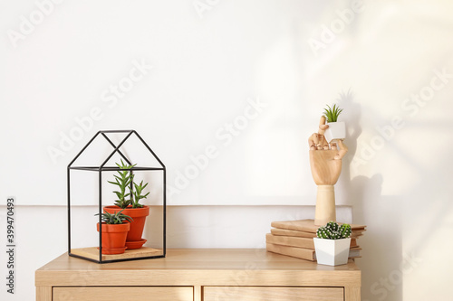 Wooden hand with houseplants and books on chest of drawers in interior of room