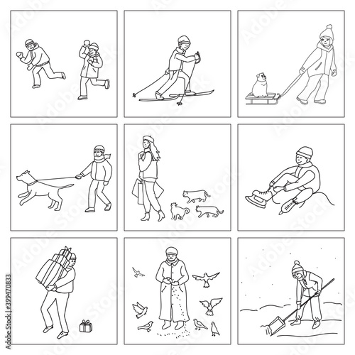 Set of kids cartoon illustrations about winter with characters. Children having snowball fight, skating and sledding,  shoveling the snow and other. Pages of coloring book.