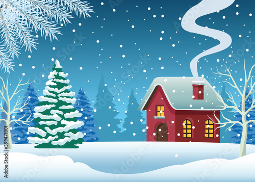 cute house and pine tree in snowscape scene