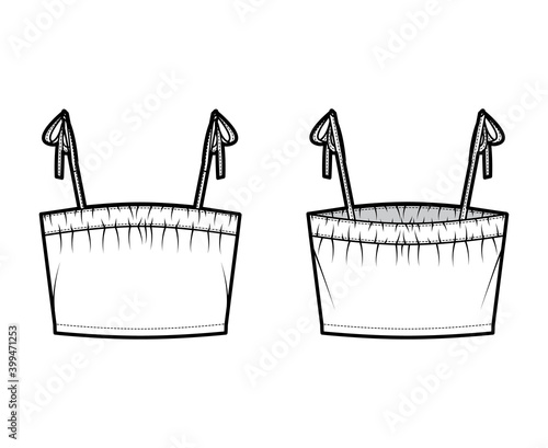 Tank tie strap crop top technical fashion illustration with ruching, oversized, waist length. Flat apparel outwear shirt template front, back, white color. Women, men unisex CAD mockup