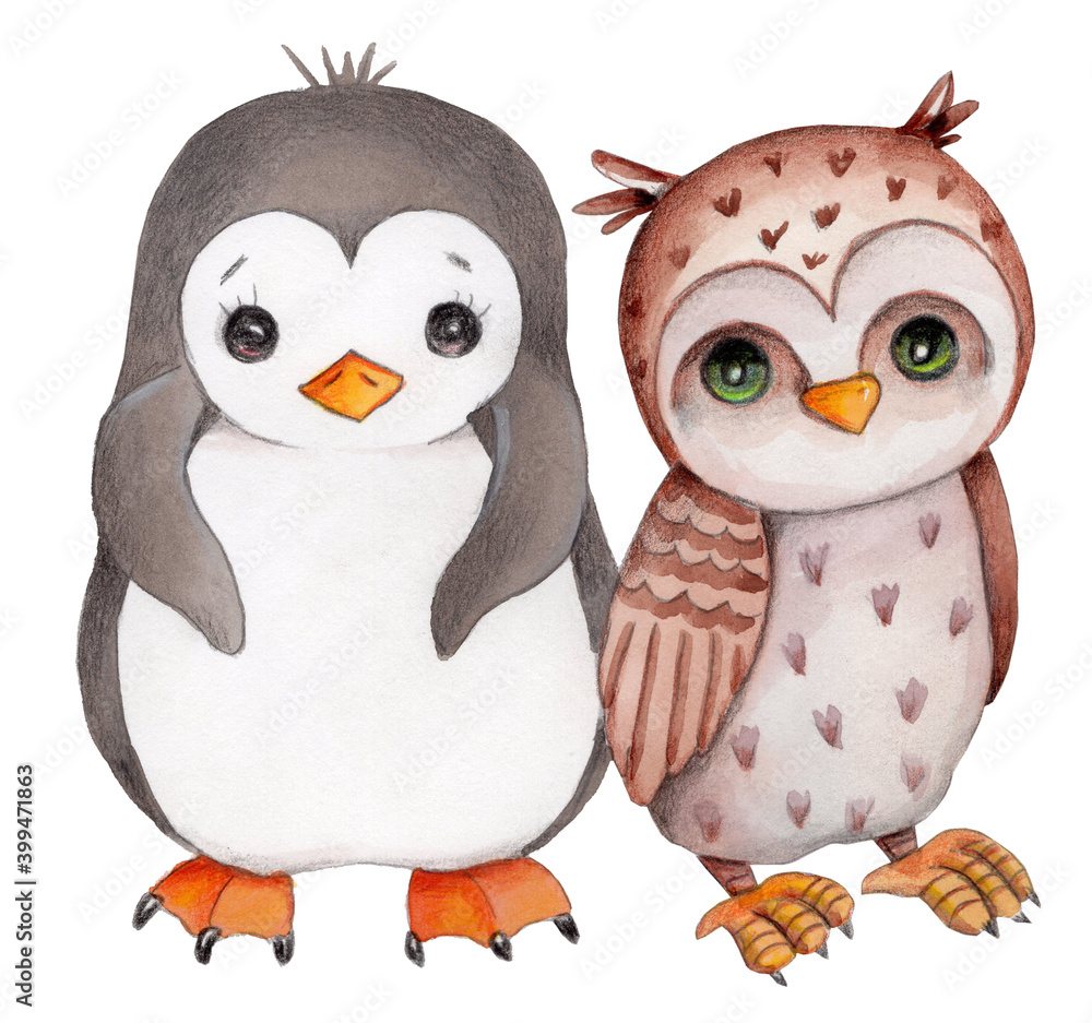 Fototapeta premium Cute cartoon little penguin an owl, hand drawn watercolor and pencils art, illustration, icon, print. Isolated on white background.