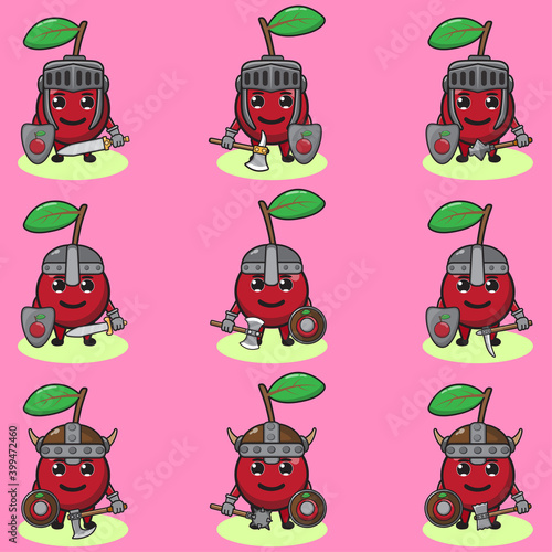 Illustration vector graphic cartoon character of cute Cherry knight. Cute smile face and hand down pose set. Shield and sword. Good for icon logo  label sticker  clipart.
