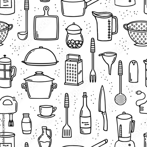 Cooking utensils and kitchen tools seamless doodle background on white.