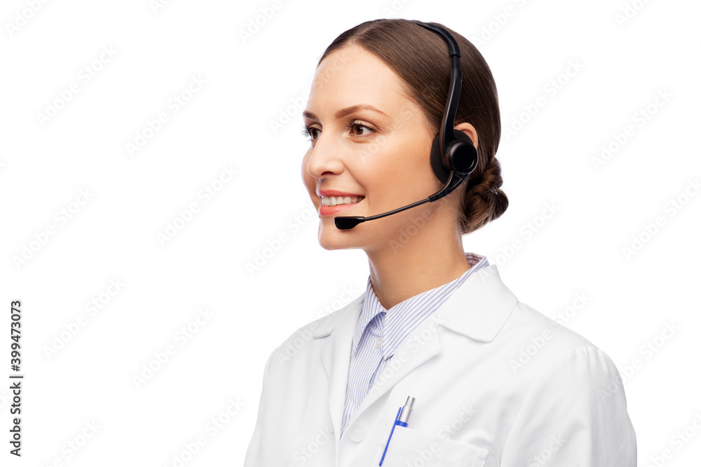 medicine, profession and healthcare concept - happy smiling female doctor with headset over white background medicine, profession and healthcare concept - happy smiling female doctor with headset over white background