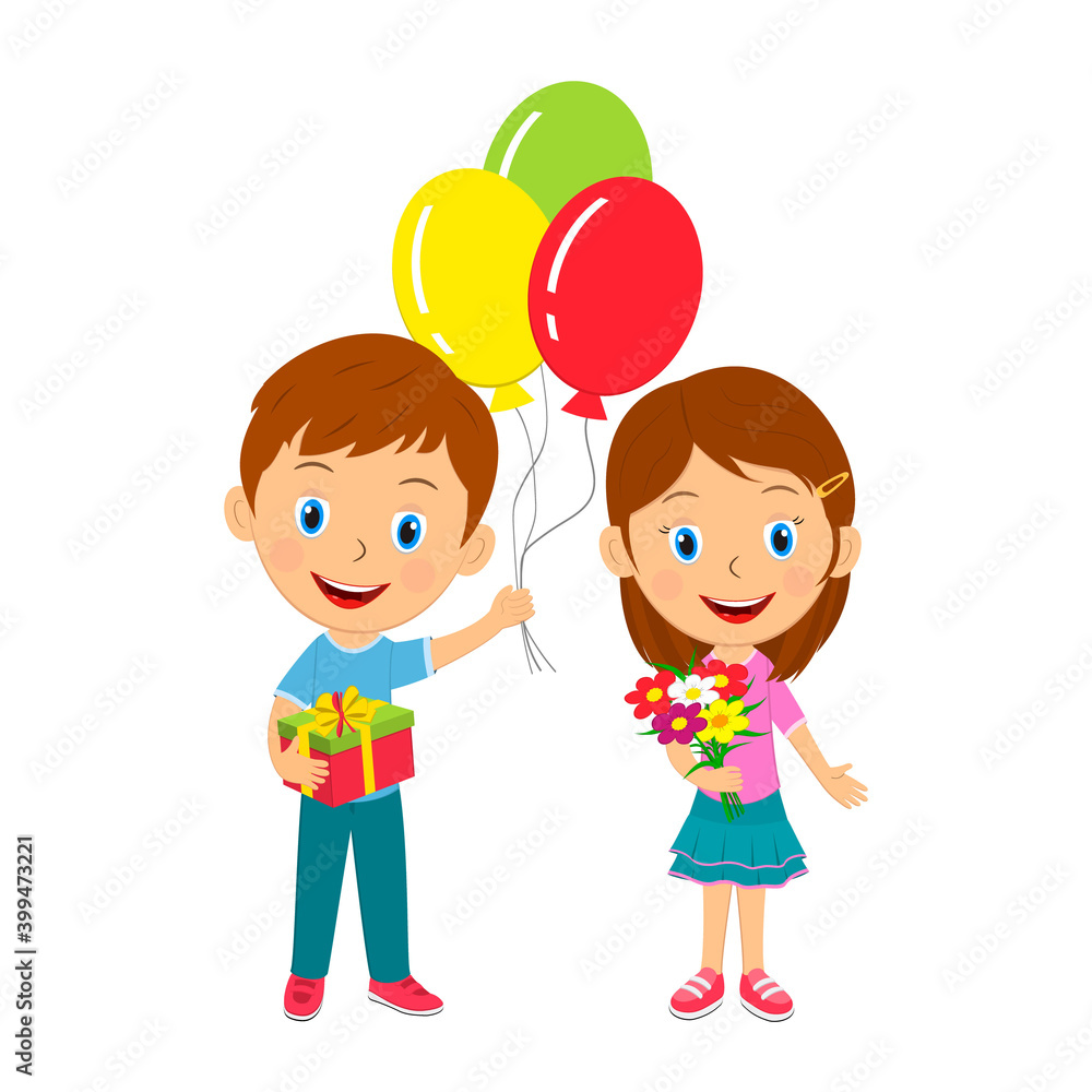 cute cartoon kids with gift, balloons and flowers