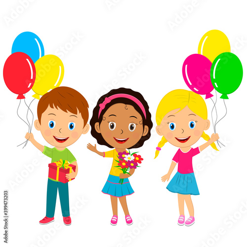 cute cartoon kids with gift, balloons and flowers