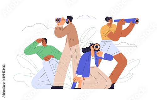 Concept of searching for opportunities, decisions, new business ideas or staff. People looking into future choosing direction of development. Colorful flat vector illustration isolated on white