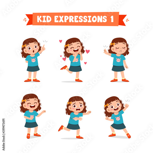 cute little kid girl in various expressions and gesture set