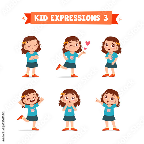 cute little kid girl in various expressions and gesture set