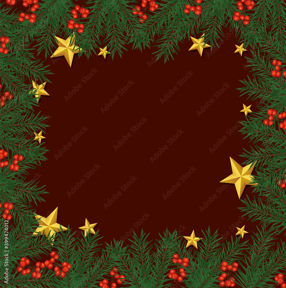 happy merry christmas frame with golden stars and leafs