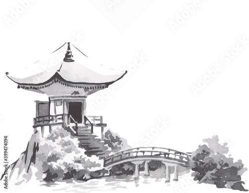 Japan traditional sumi-e painting. Fuji mountain, temple, sunset. Japan sun. Indian ink illustration. Japanese picture on rice paper. Vector drawing.
