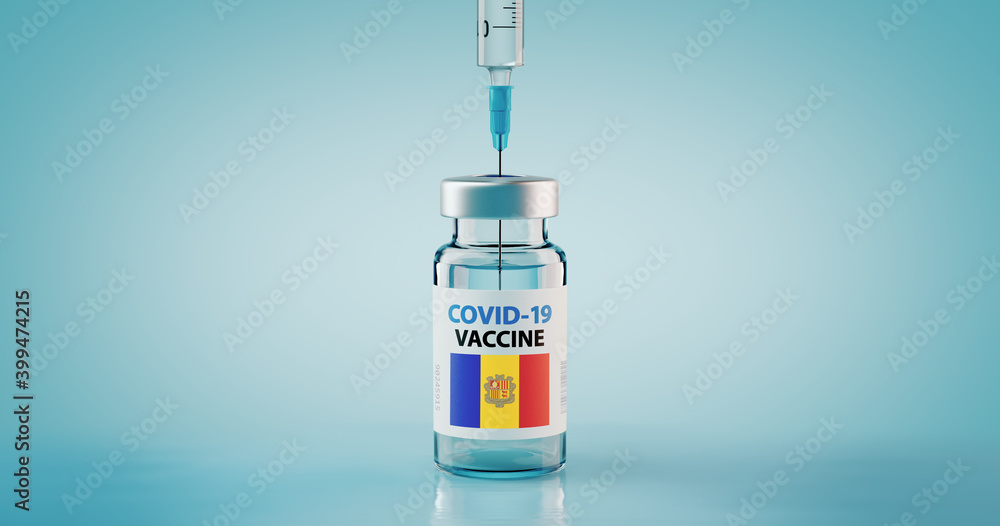 COVID-19 Coronavirus Vaccine and Syringe with flag of Andorra COVID-19 Coronavirus Vaccine and Syringe with flag of Andorra