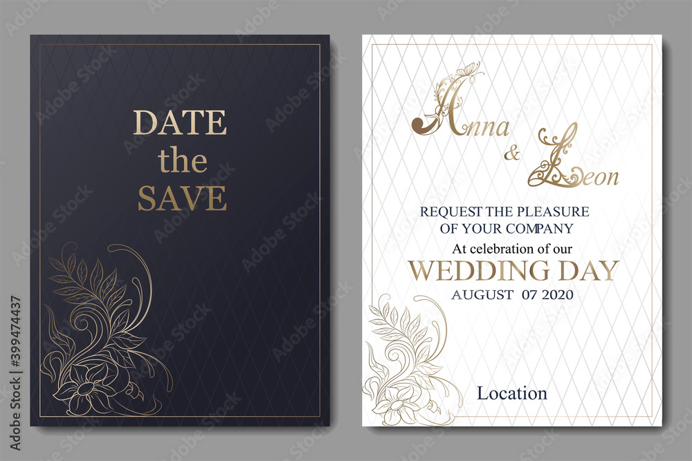Elegant wedding invitation. Cover design with ornament and text. Decorative card or invitation, background design.