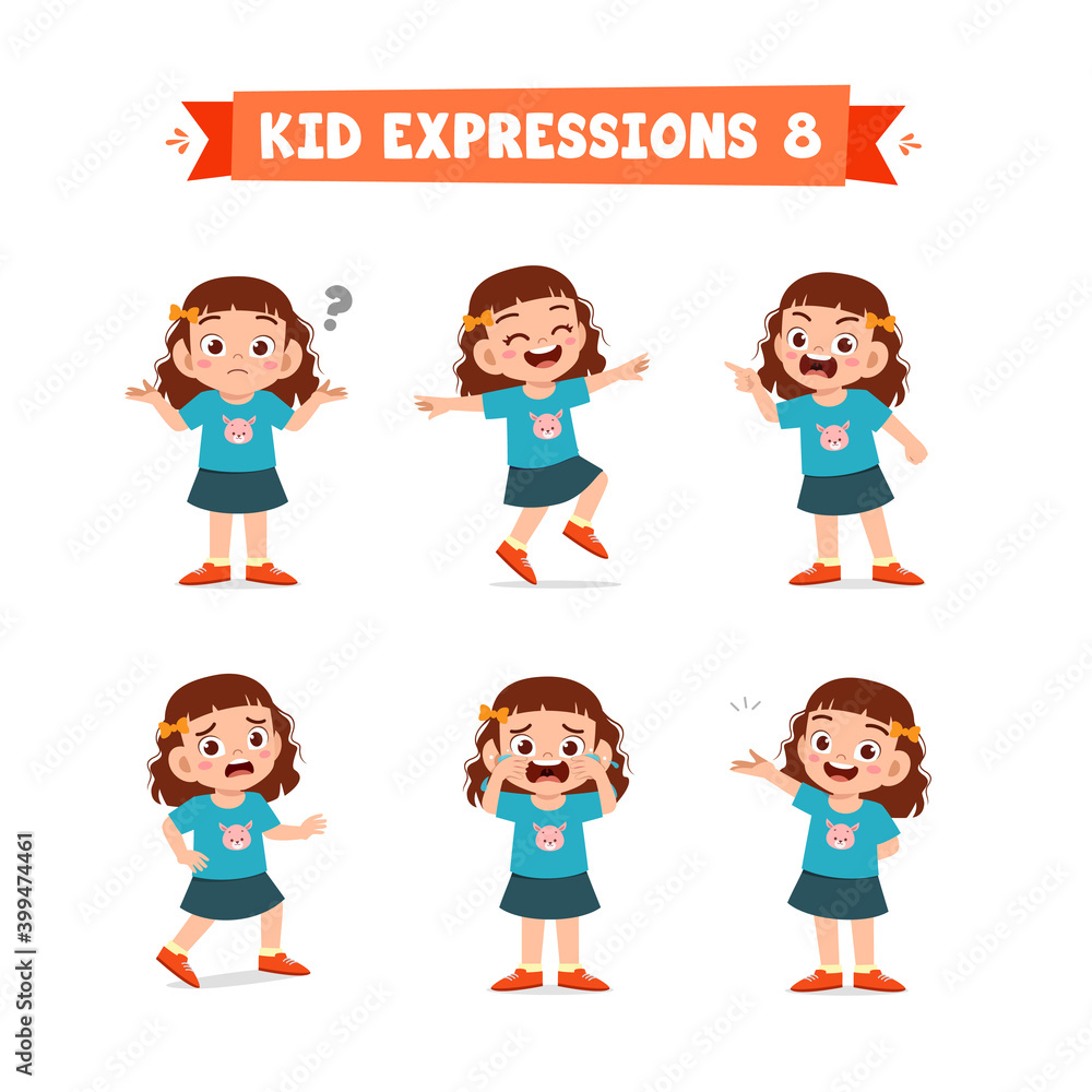 cute little kid girl in various expressions and gesture set