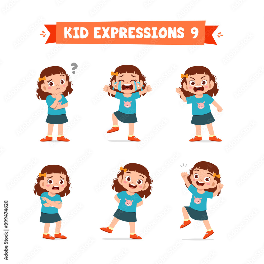 cute little kid girl in various expressions and gesture set cute little kid girl in various expressions and gesture set