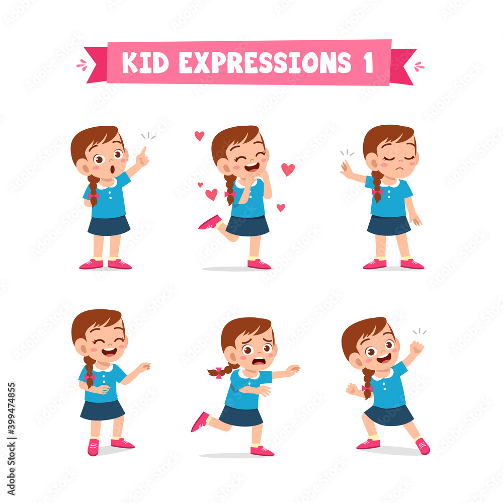 cute little kid girl in various expressions and gesture set cute little kid girl in various expressions and gesture set