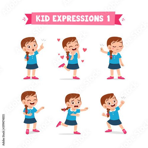 cute little kid girl in various expressions and gesture set