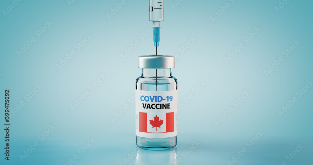 COVID-19 Coronavirus Vaccine and Syringe with flag of Canada COVID-19 Coronavirus Vaccine and Syringe with flag of Canada