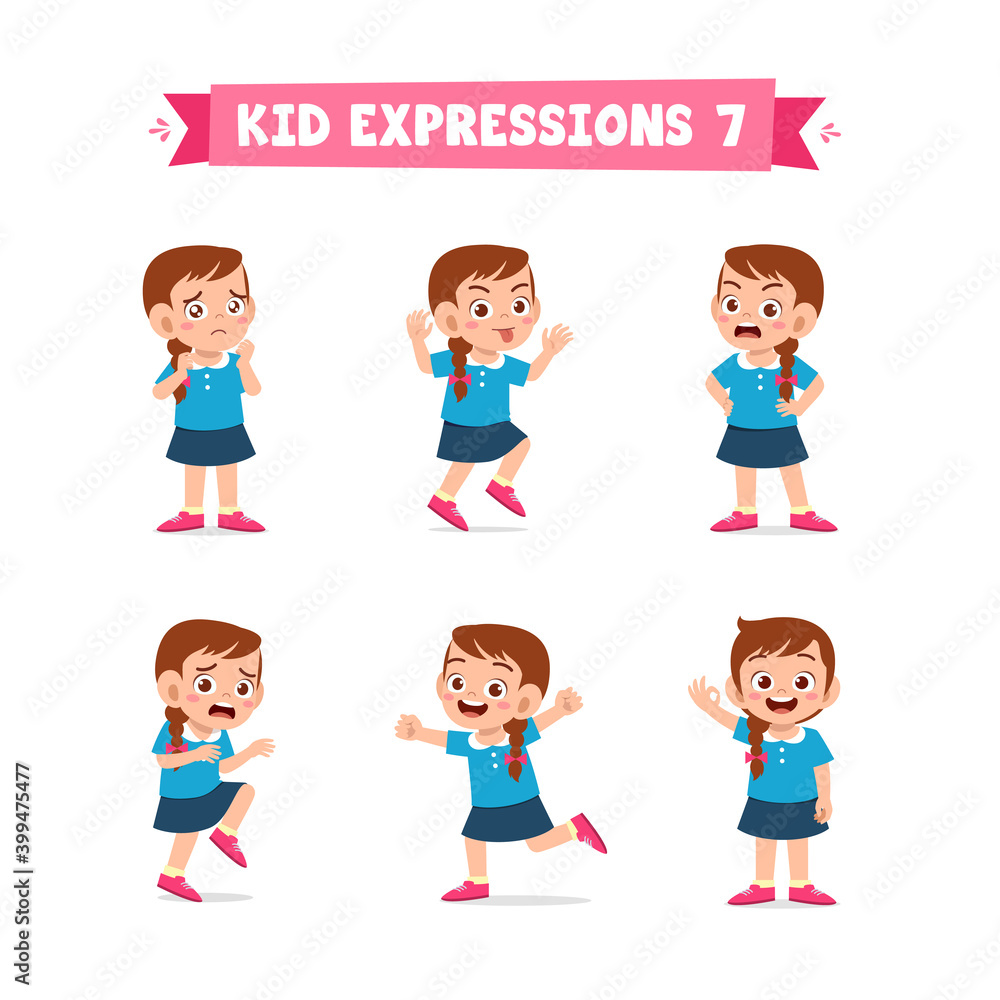 cute little kid girl in various expressions and gesture set cute little kid girl in various expressions and gesture set