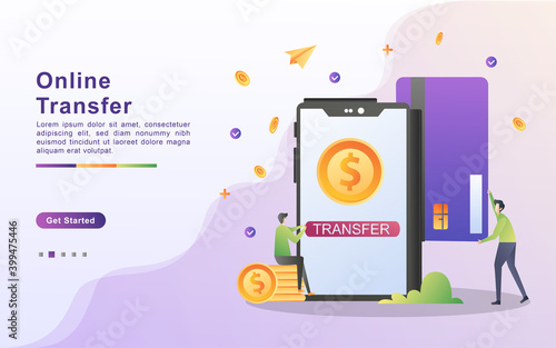 Illustration concept of online transfer. payment using smart phone application and bank account credit card, online banking, Online money transfer illustration, financial transaction, mobile wallet.
