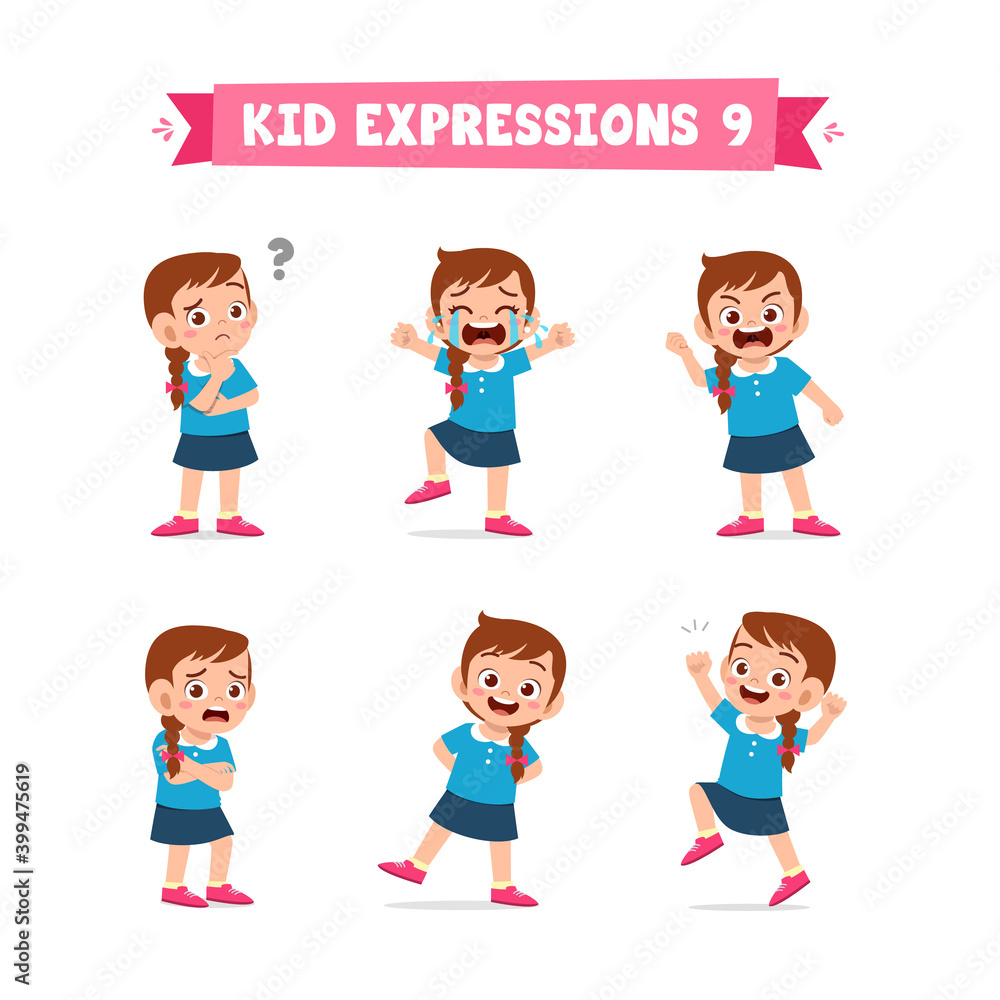 cute little kid girl in various expressions and gesture set