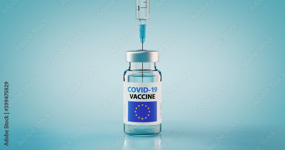 COVID-19 Coronavirus Vaccine and Syringe with flag of European Union COVID-19 Coronavirus Vaccine and Syringe with flag of European Union