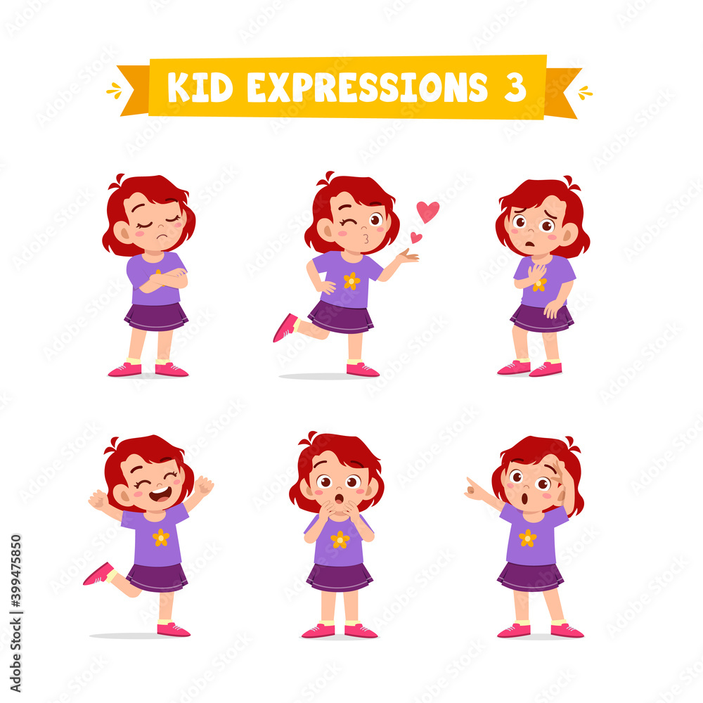 cute little kid girl in various expressions and gesture set cute little kid girl in various expressions and gesture set