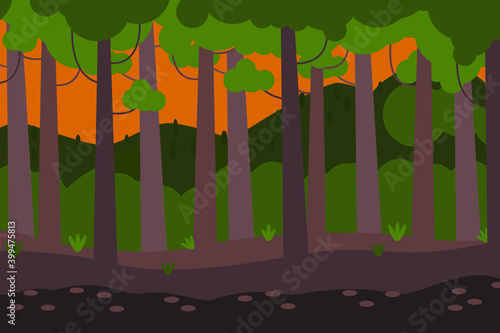 sunset forest in spring season vector illustration
